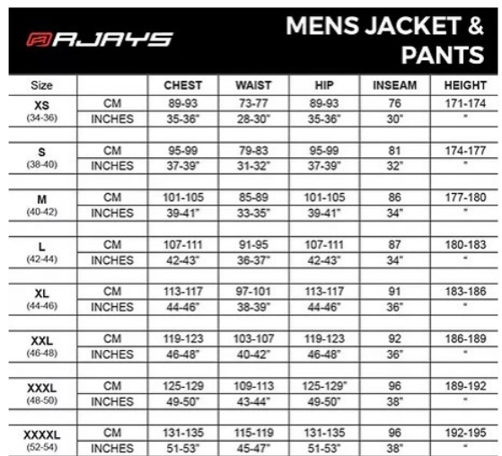 rjays size chart mens jacket pants-347